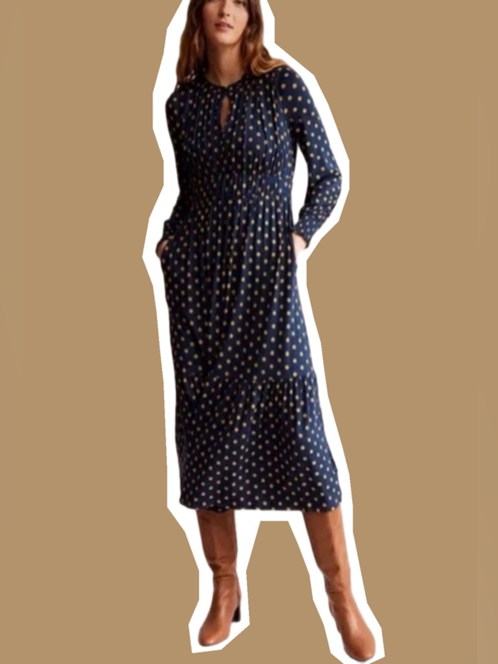 Boden Navy Polka Dot Long Sleeve Midi Boho Dress